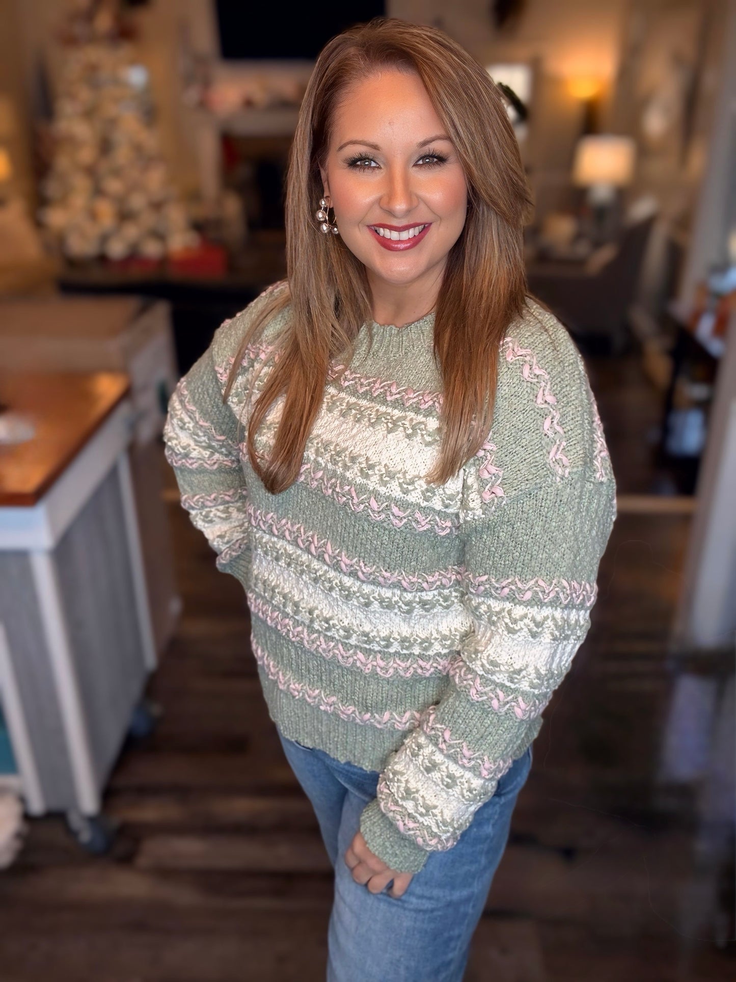 Sage/Pink Mix Color Block Knit Sweater Top