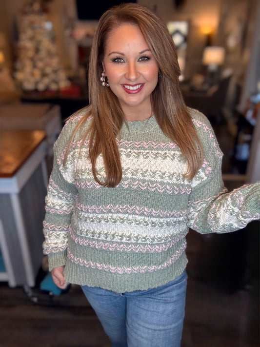 Sage/Pink Mix Color Block Knit Sweater Top