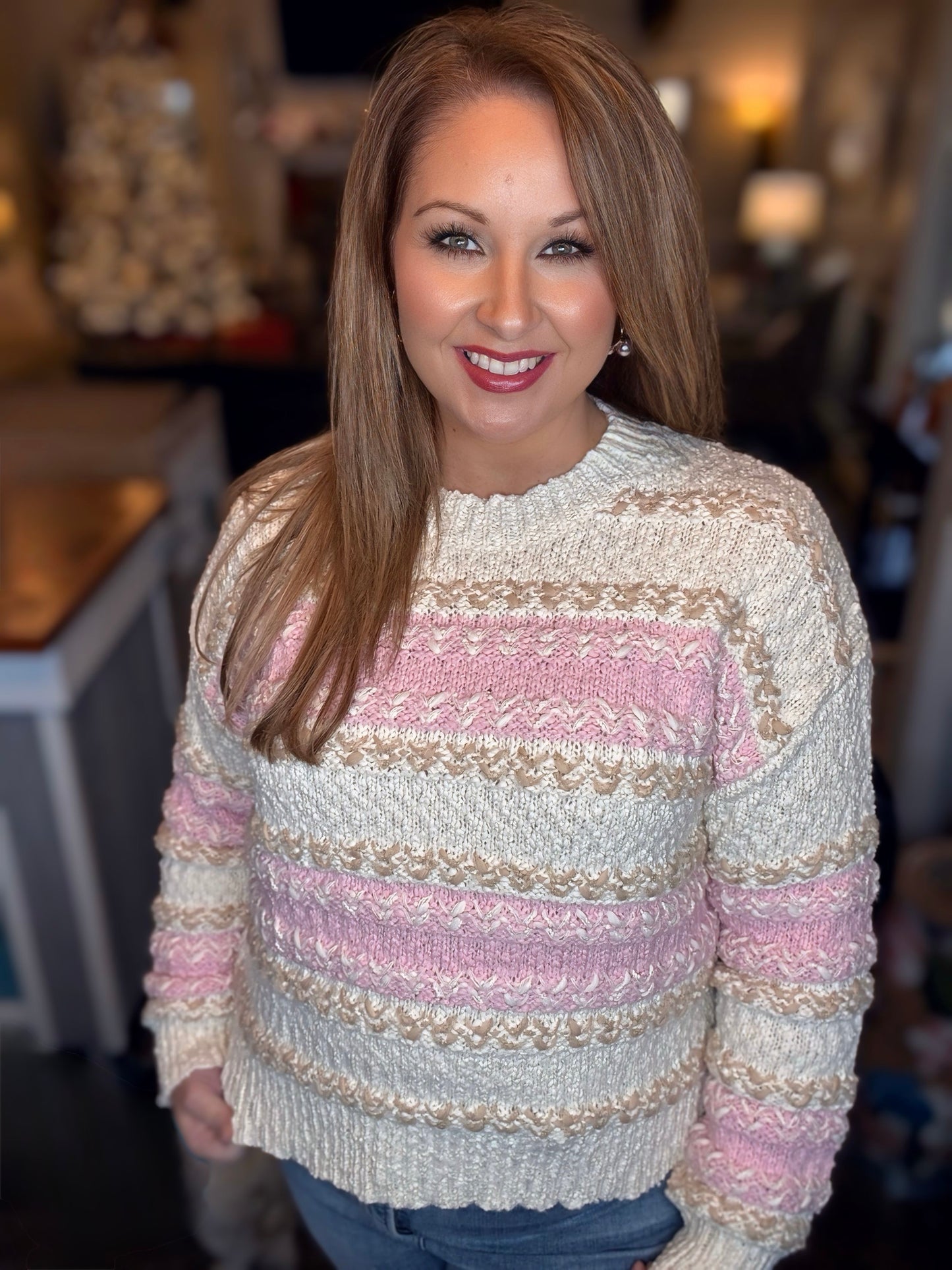 Pink/Cream Color Block Knit Sweater Top