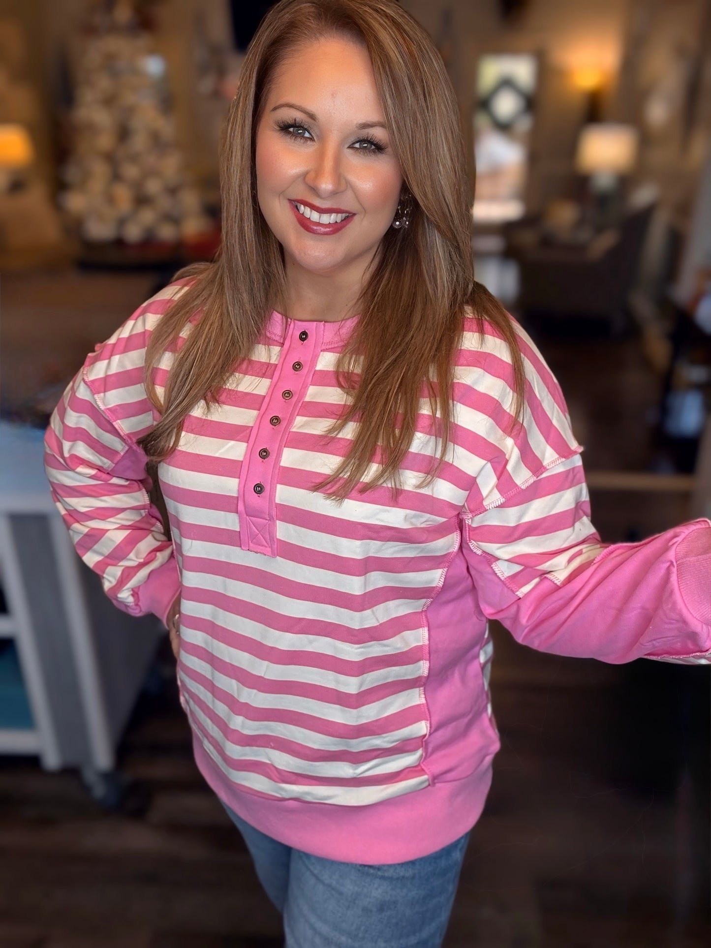 Pink/Cream Oversized Striped Half Button Knit Top