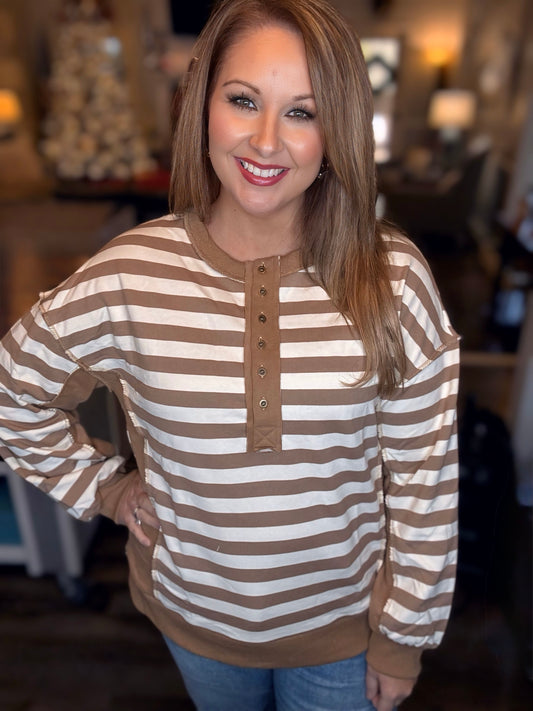 Taupe/Cream Oversized Striped Half Button Knit Top
