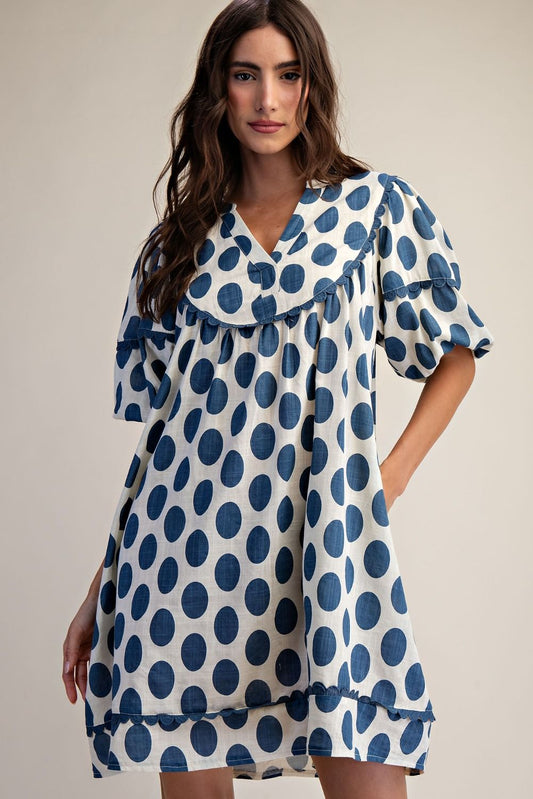 Blue Easel. POLKA DOTS LINEN MINI DRESS