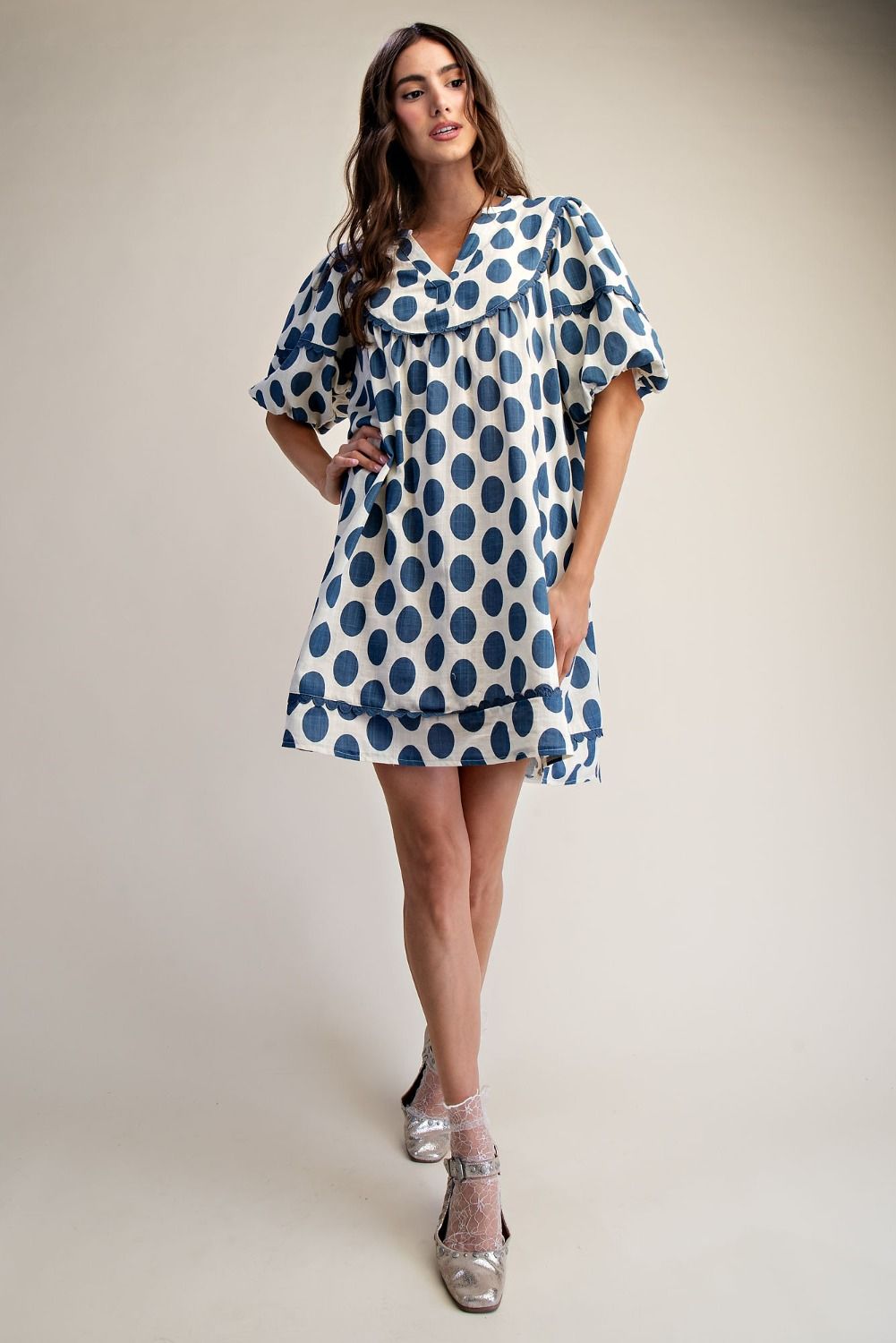 Blue Easel. POLKA DOTS LINEN MINI DRESS