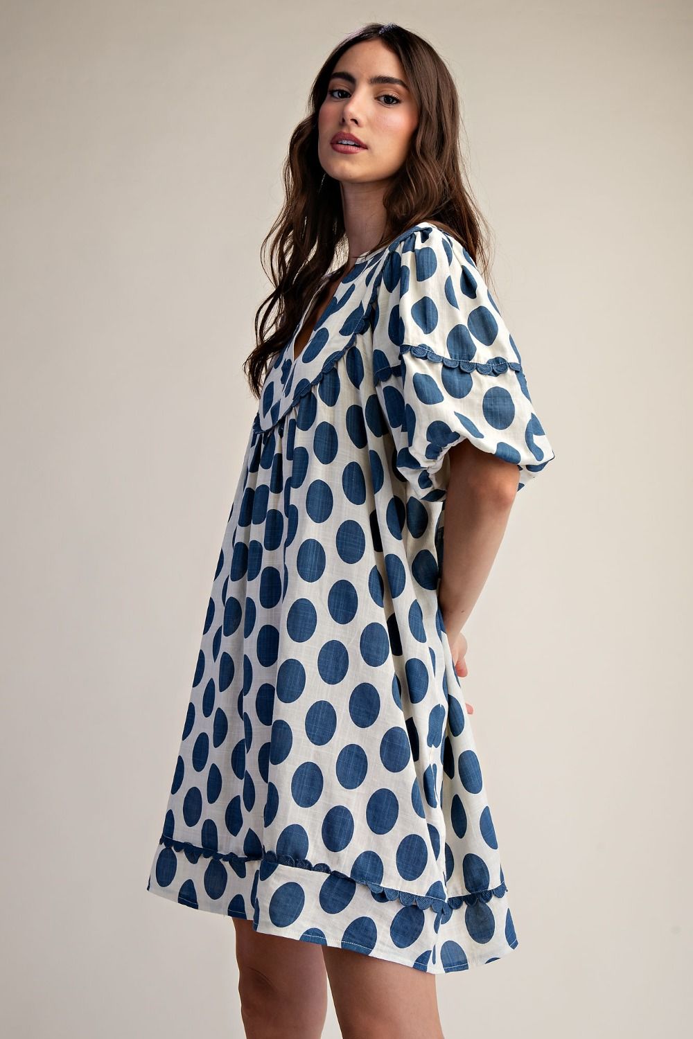 Blue Easel. POLKA DOTS LINEN MINI DRESS
