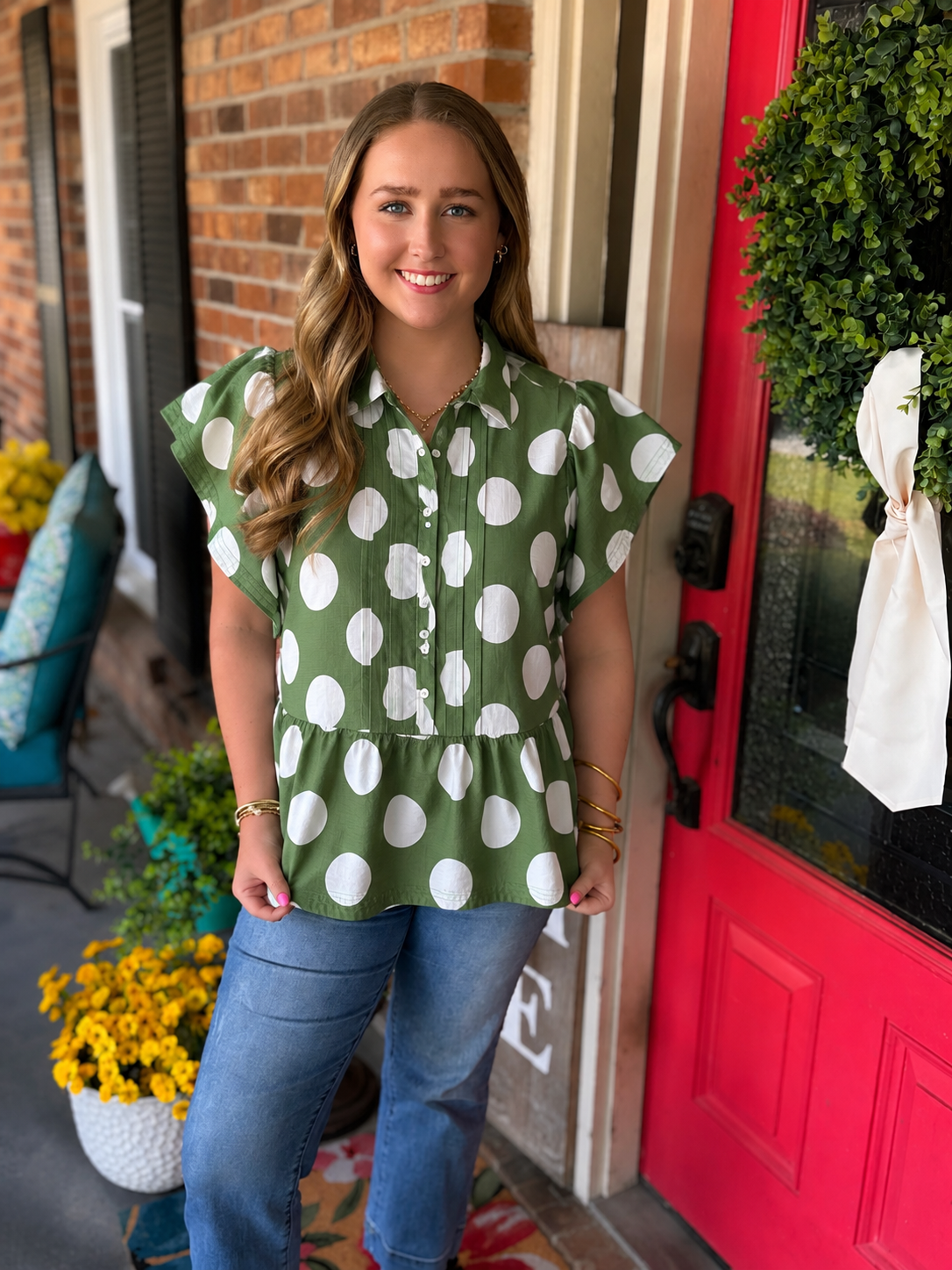 Easel Green POLKA DOTS BUTTON DOWN RUFFLE TOP