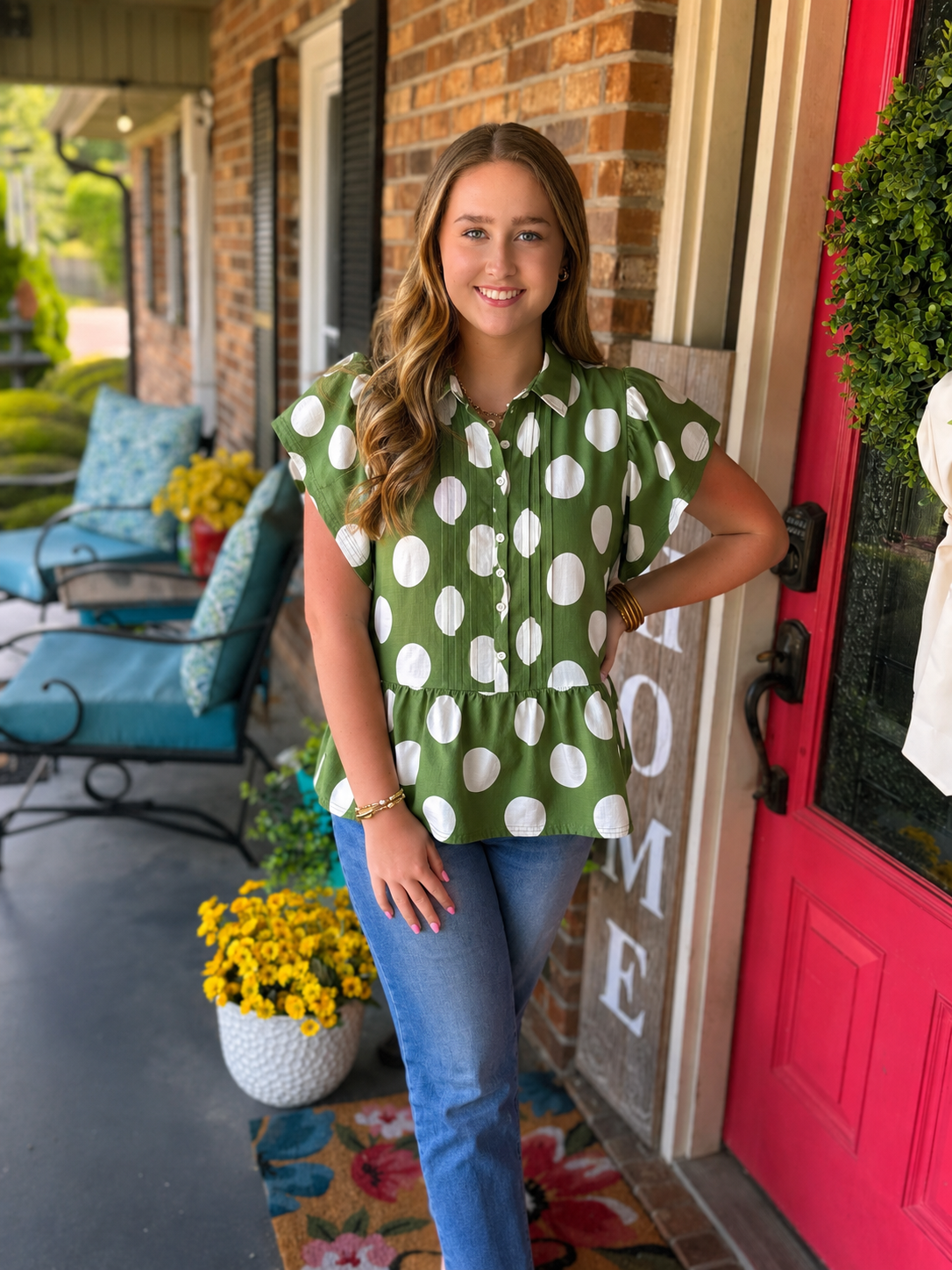 Easel Green POLKA DOTS BUTTON DOWN RUFFLE TOP