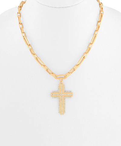 Pave Cross Pendant Clip Chain Necklace