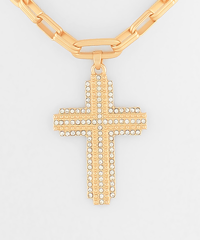 Pave Cross Pendant Clip Chain Necklace