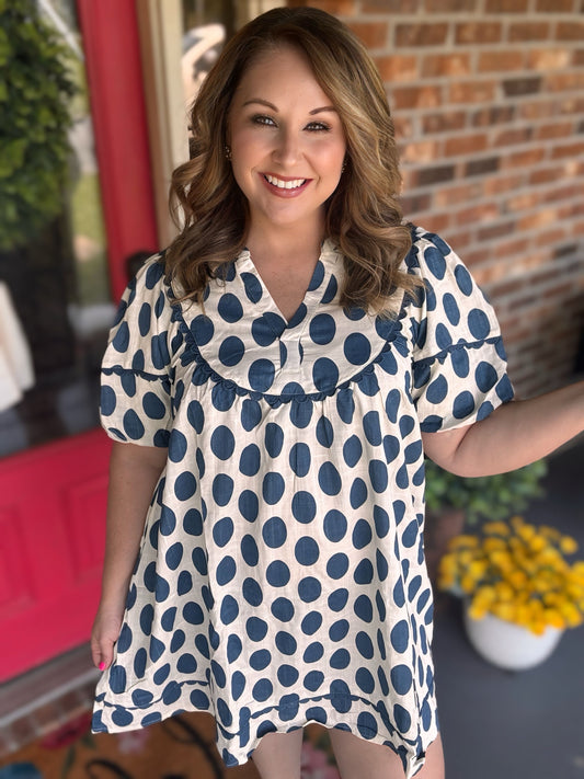 Blue Easel POLKA DOTS LINEN MINI DRESS