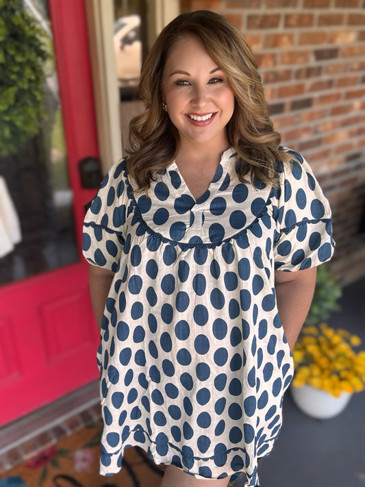 Blue Easel POLKA DOTS LINEN MINI DRESS