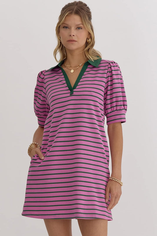 Stripe Puff Sleeve Collared Mini Dress In Orchid