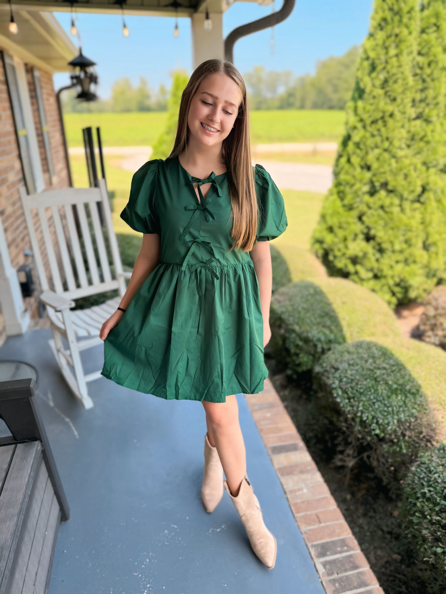 Hunter green bubble sleeve dress