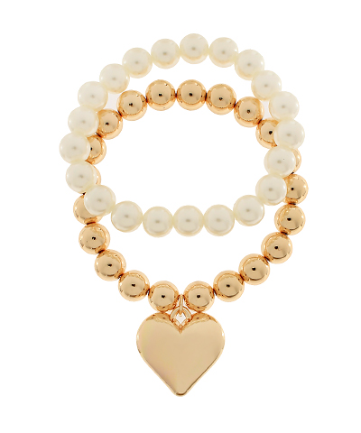 2 Row Heart Charm Pearl Bracelet Set