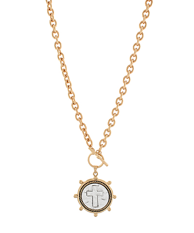 Twotone Coin w/Cross Necklace