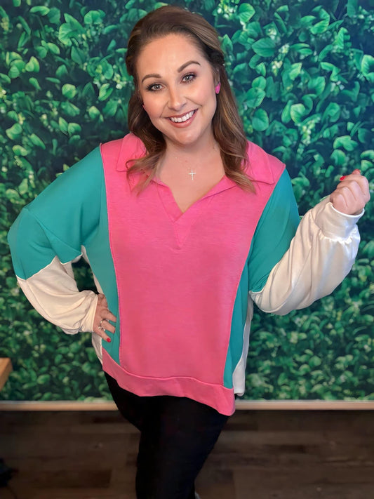 Mint and pink Oversized colorblock top