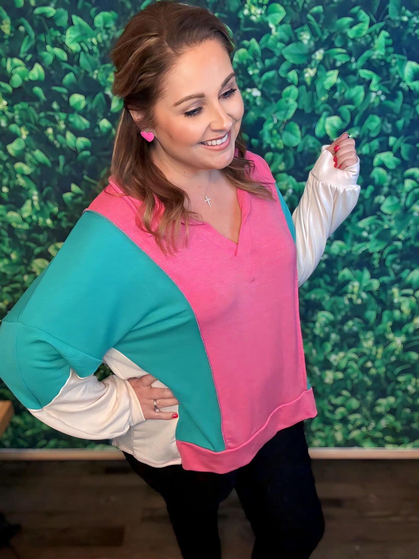 Mint and pink Oversized colorblock top