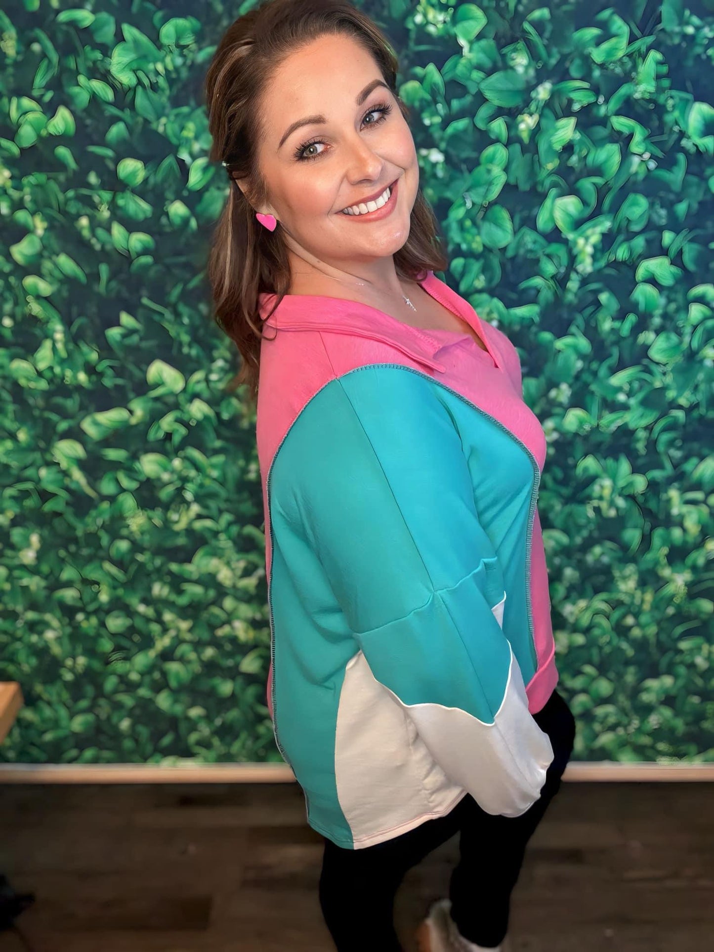 Mint and pink Oversized colorblock top