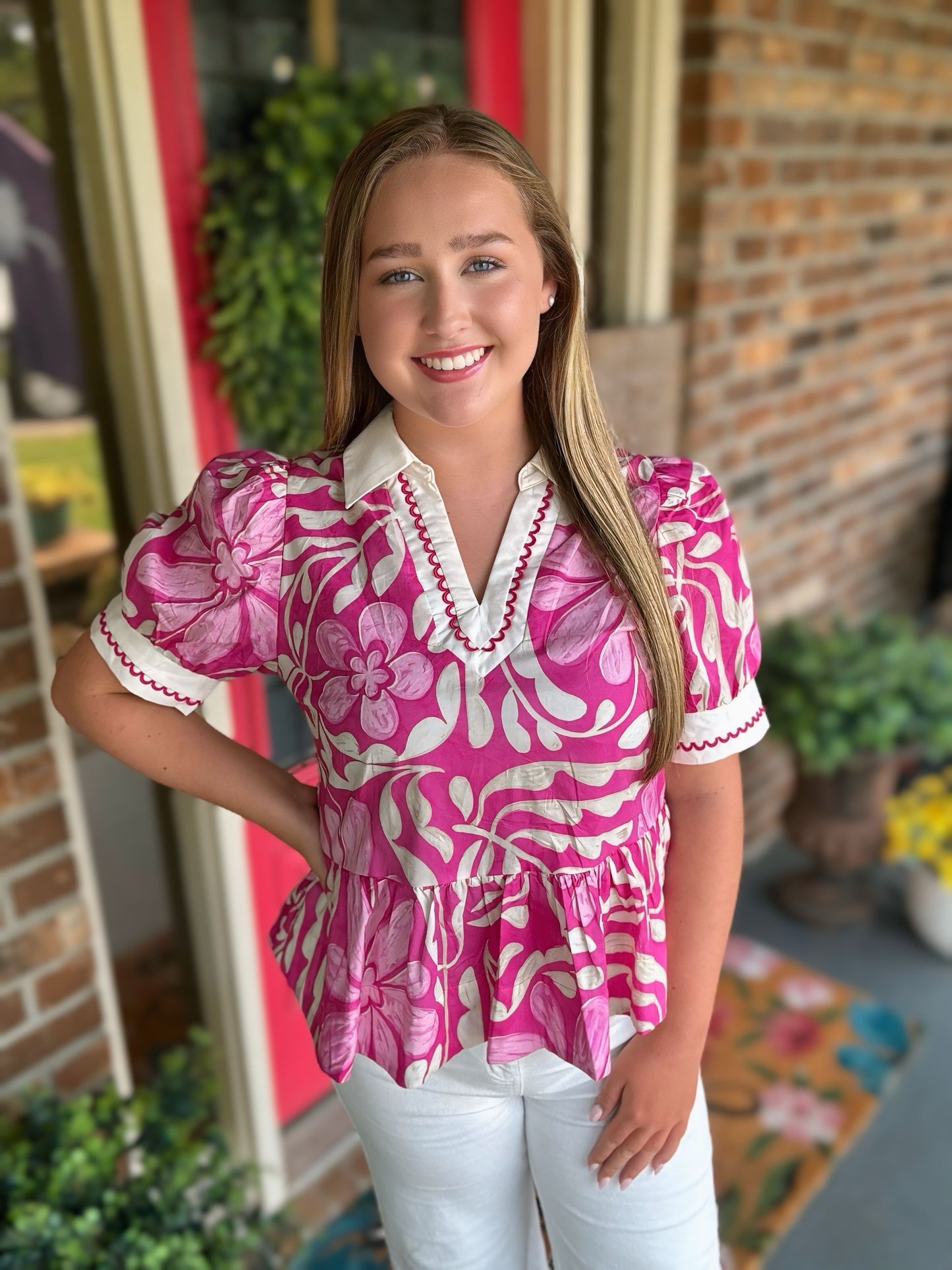 Entro Pink Floral V-Neck Top