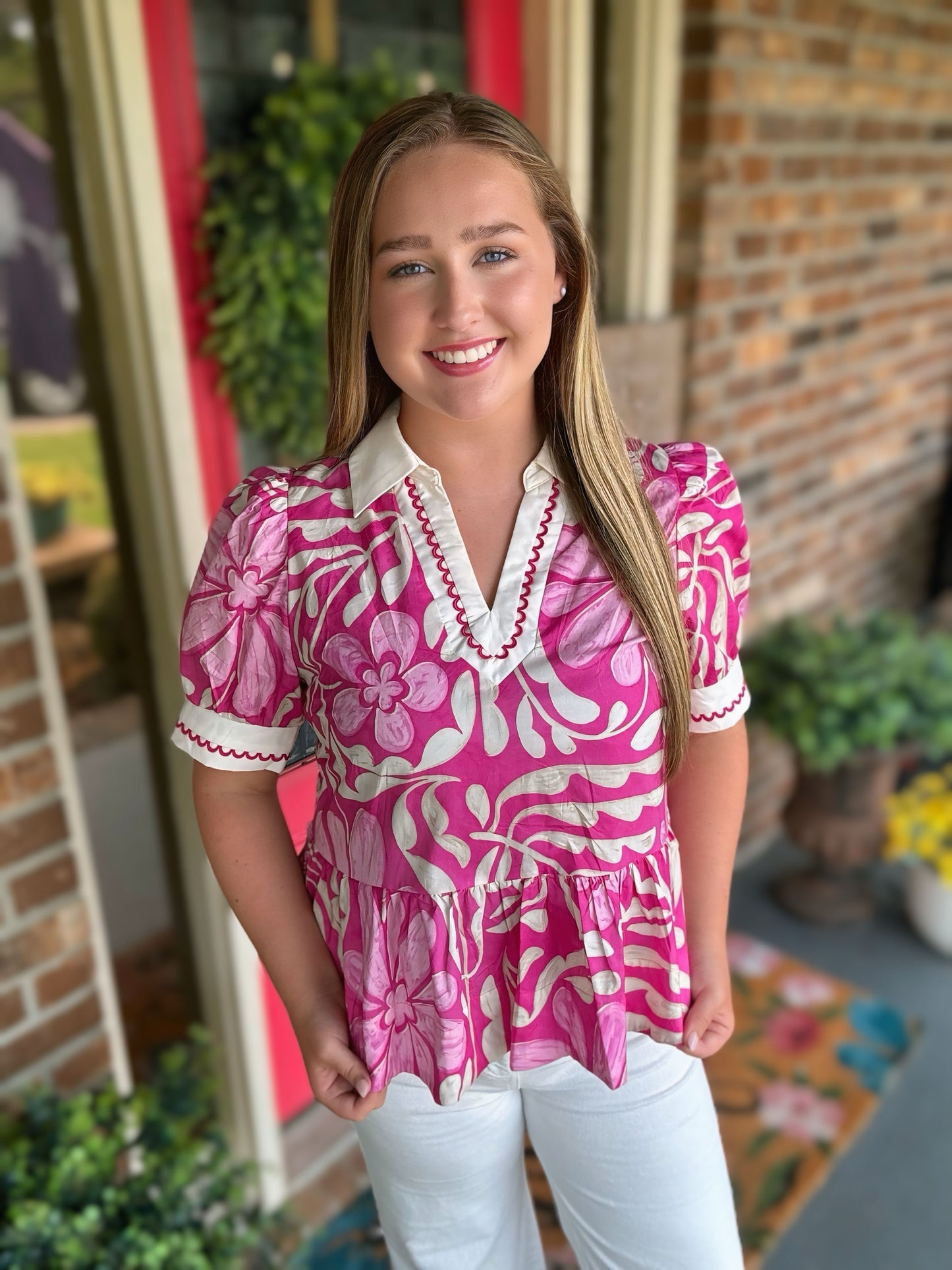 Entro Pink Floral V-Neck Top