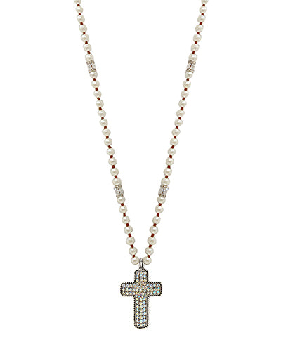 Pearl & Rhinestone Cross Long Necklace