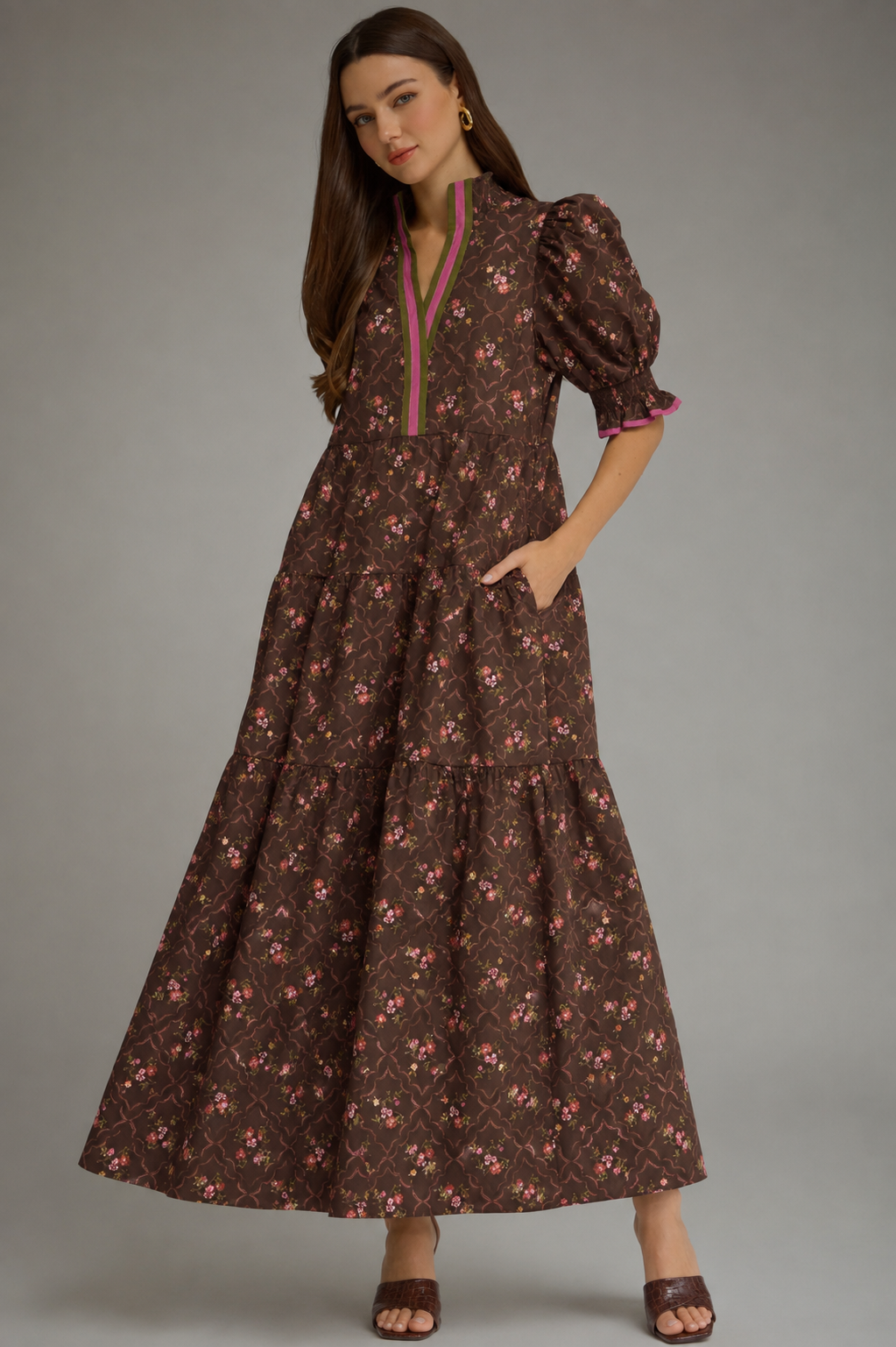 Entro Brown Floral Contrast Trim Midi Dress with Pockets in