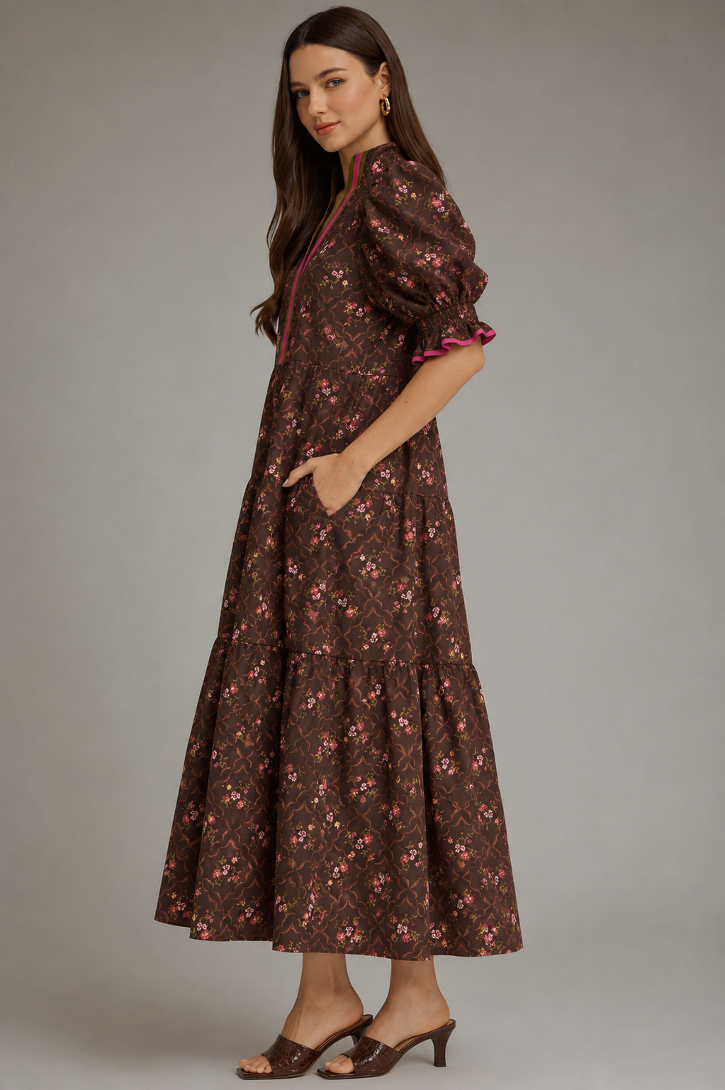 Entro Brown Floral Contrast Trim Midi Dress with Pockets in