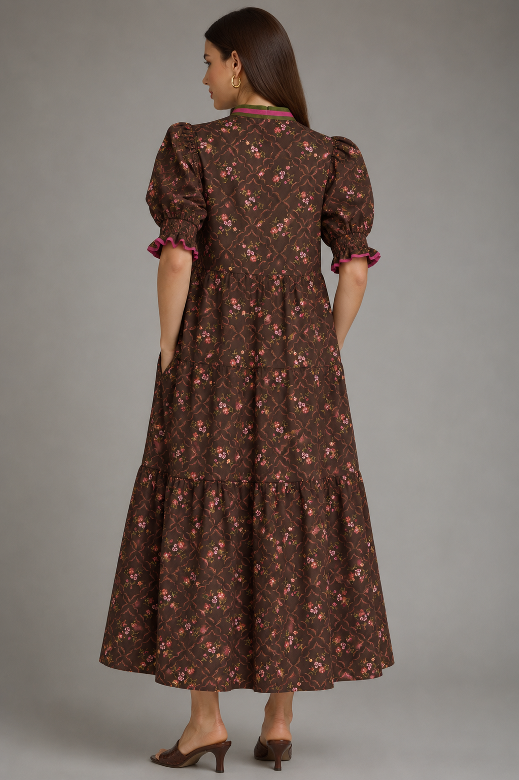 Entro Brown Floral Contrast Trim Midi Dress with Pockets in