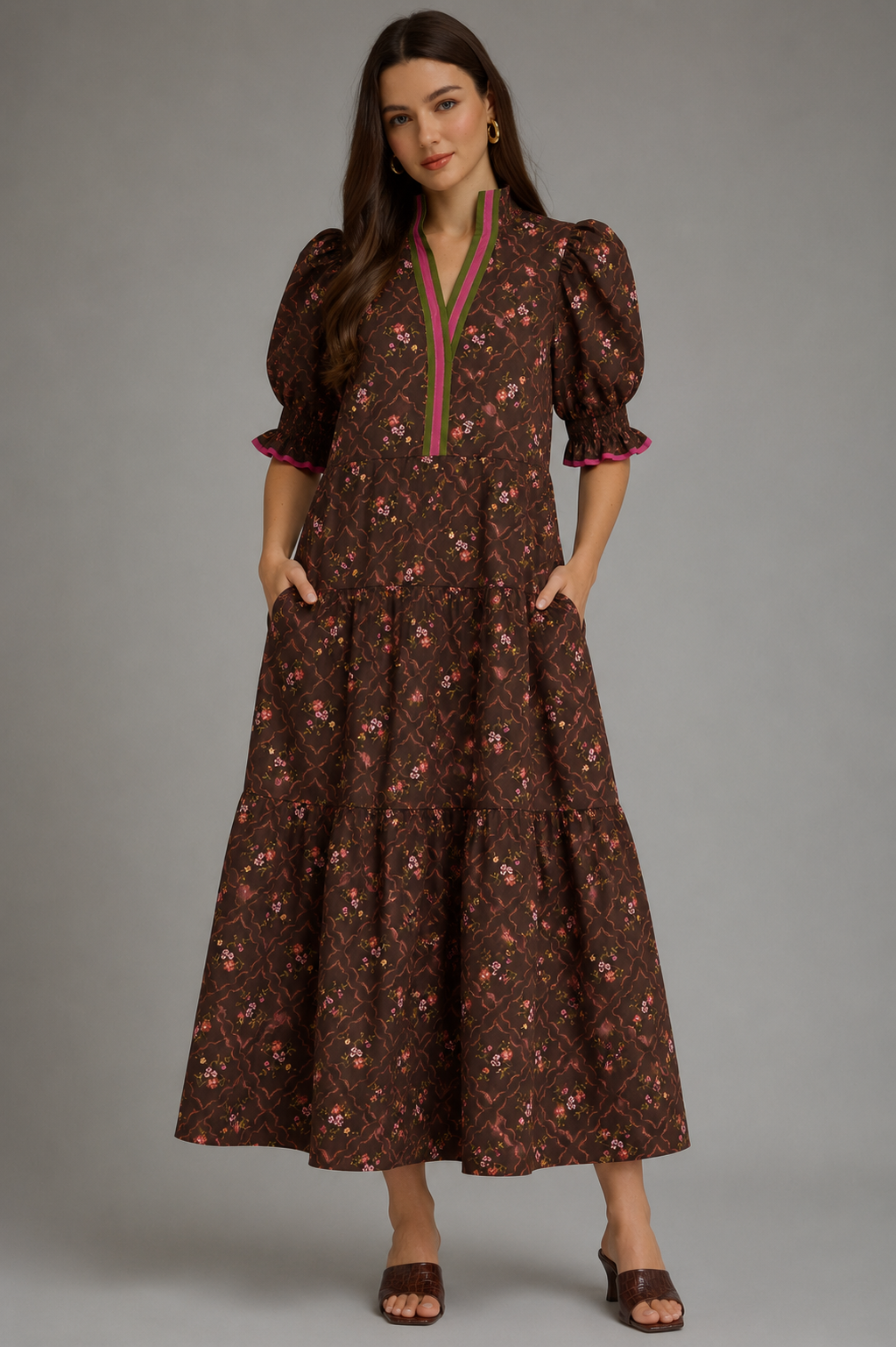 Entro Brown Floral Contrast Trim Midi Dress with Pockets in