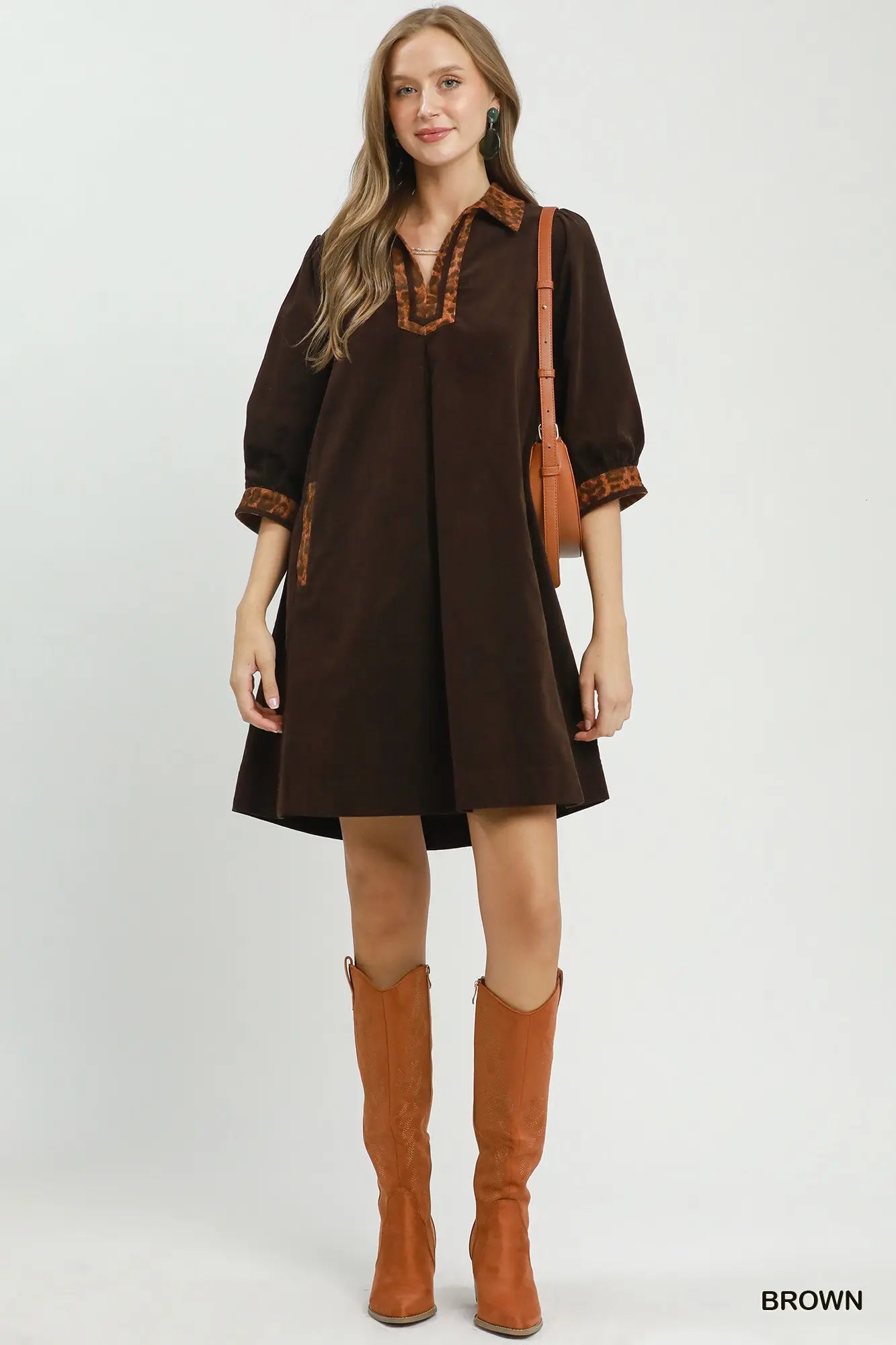 Umgee Brown Cotton Shift Dress with Leopard Contrast Trim & Pockets