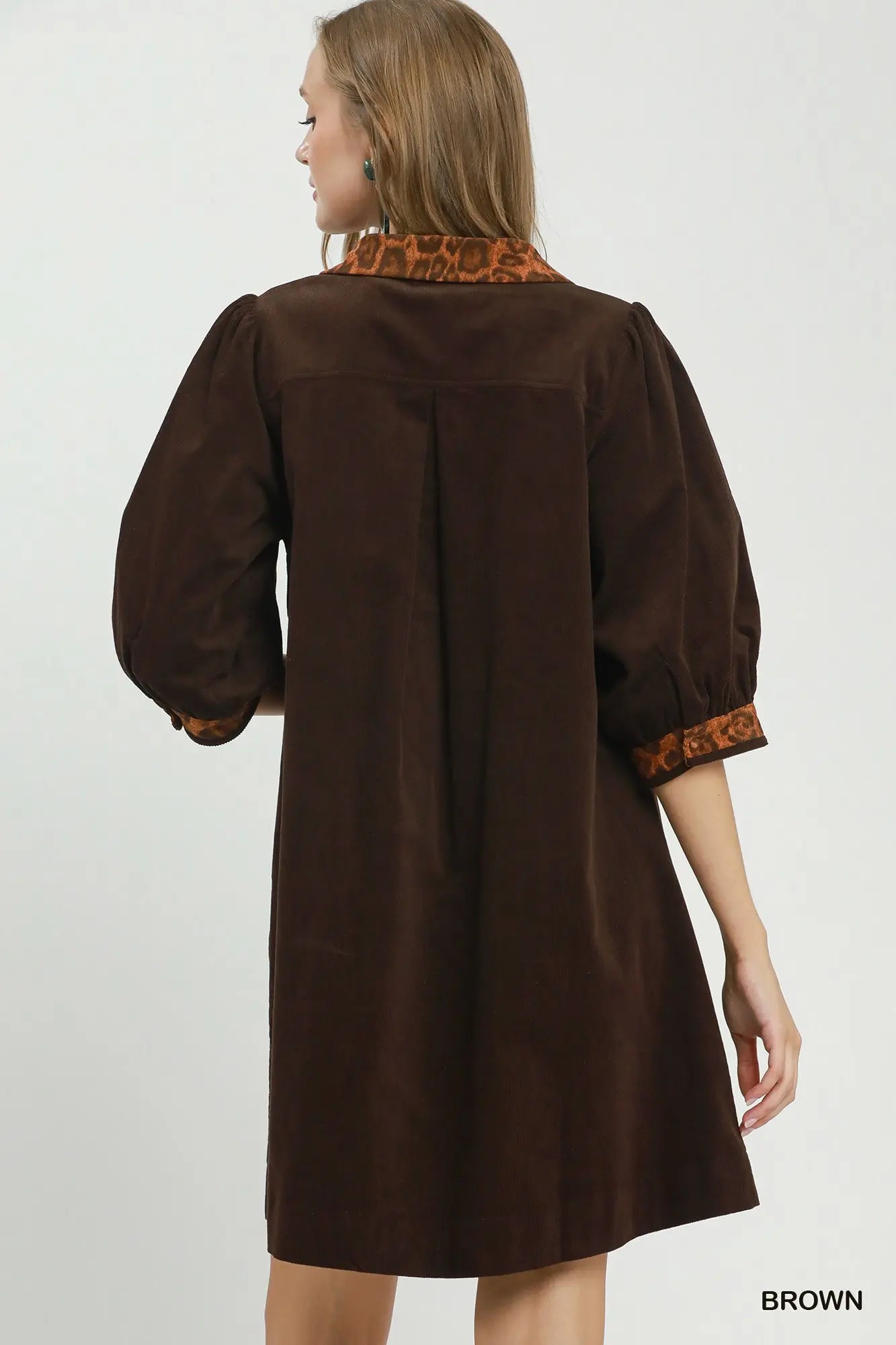Umgee Brown Cotton Shift Dress with Leopard Contrast Trim & Pockets