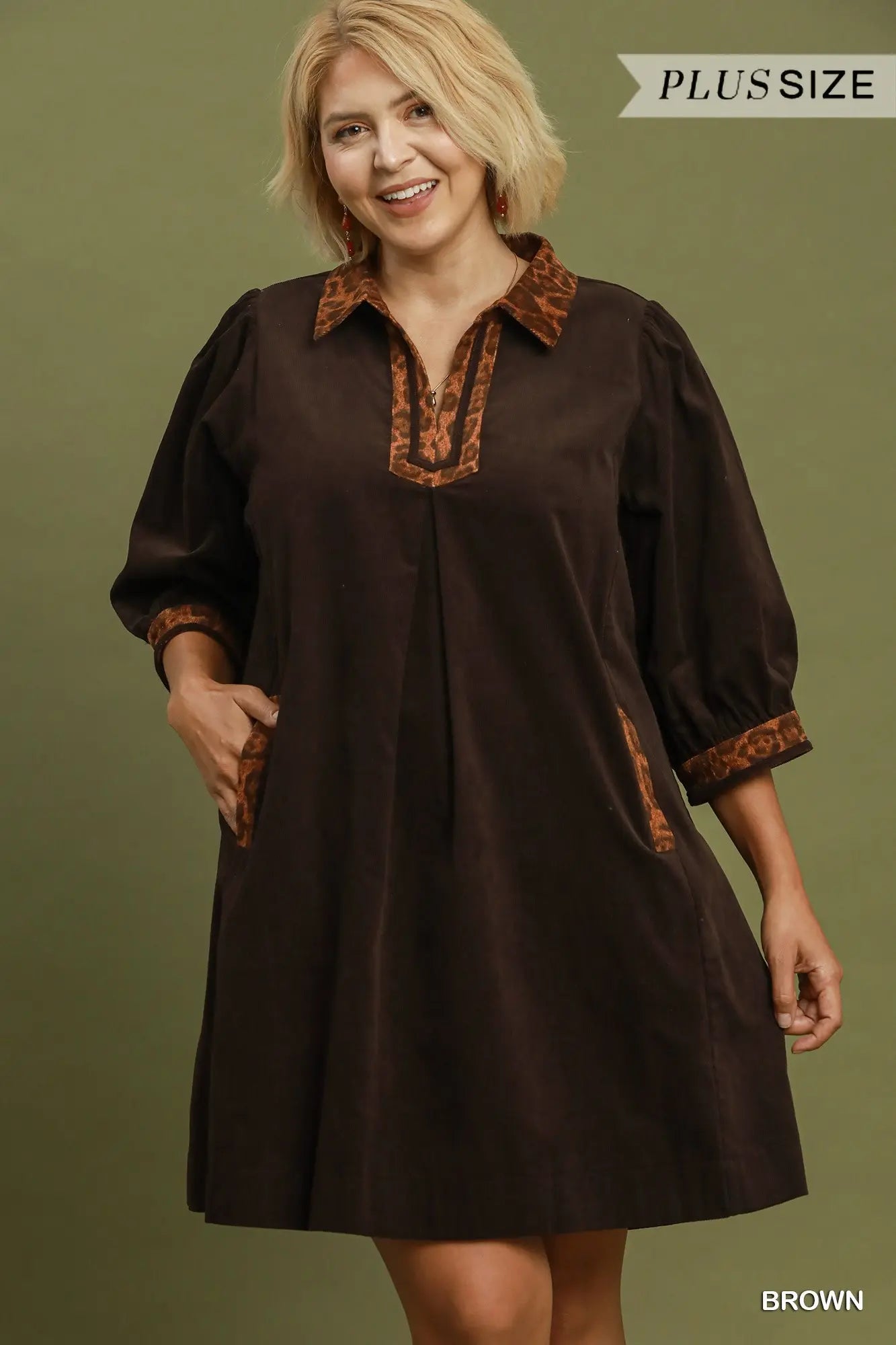 Umgee Brown Cotton Shift Dress with Leopard Contrast Trim & Pockets