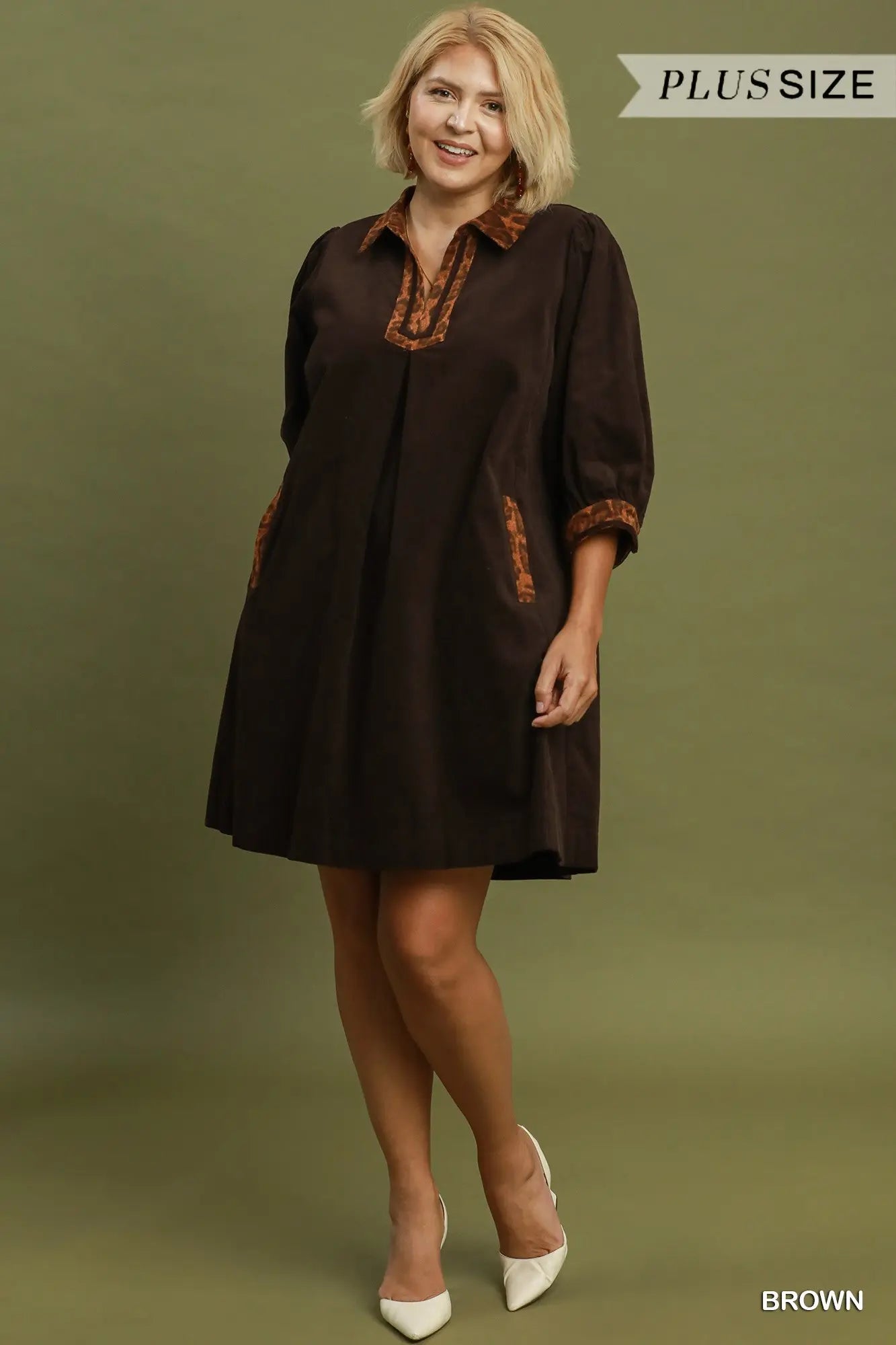 Umgee Brown Cotton Shift Dress with Leopard Contrast Trim & Pockets