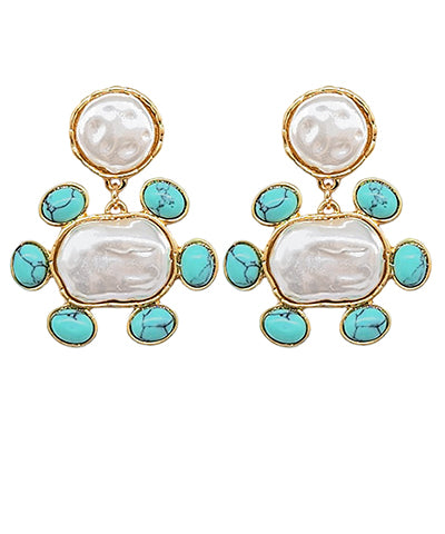 Double Pearl and Turquoise Dangle Earrings