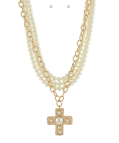 Pearl Cross & Multi Layered Necklace Set
