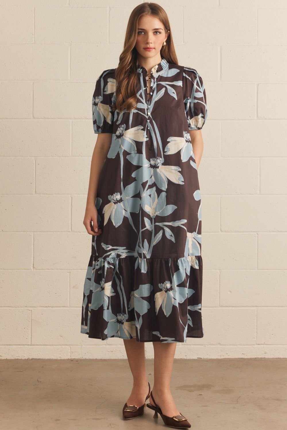 Entro Blue/Brown Floral Puff Sleeve Ruffle Midi Dress