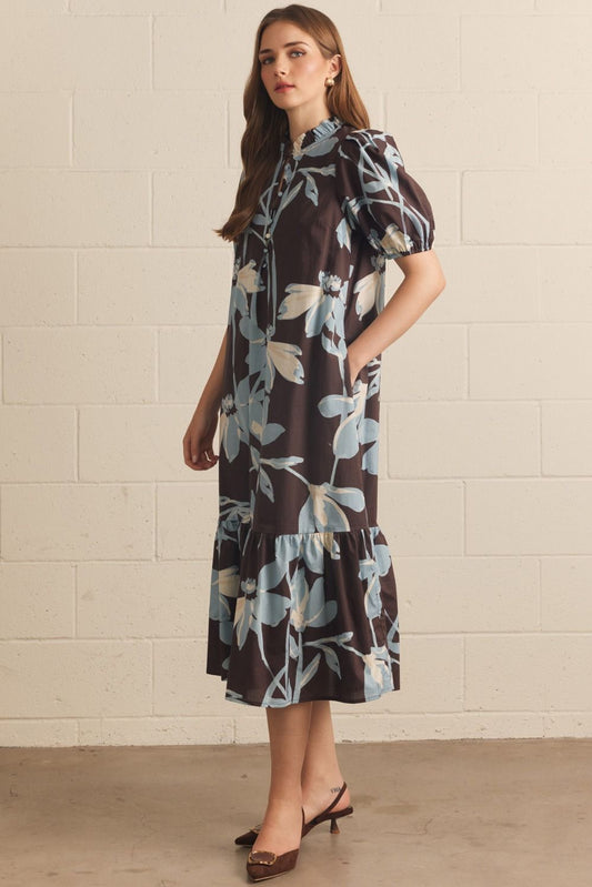 Entro Blue/Brown Floral Puff Sleeve Ruffle Midi Dress