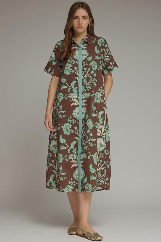 Entro Floral Contrast Trim Midi Dress-Chocolate
