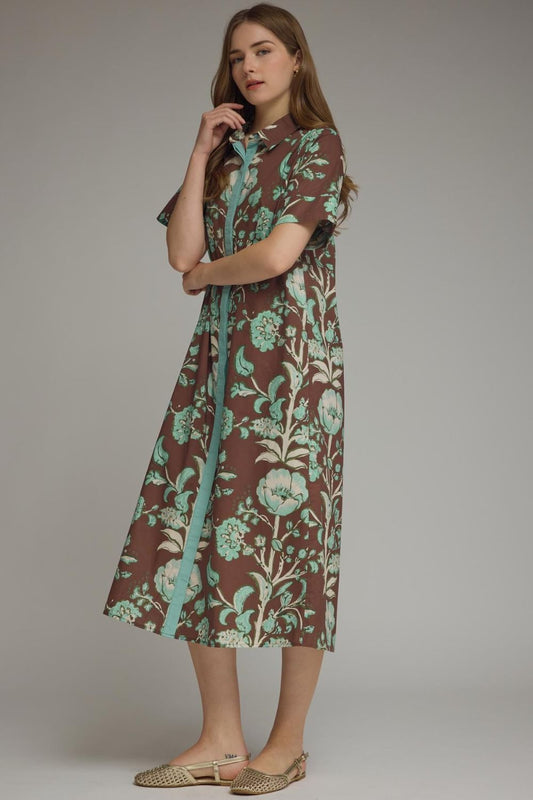 Entro Floral Contrast Trim Midi Dress-Chocolate