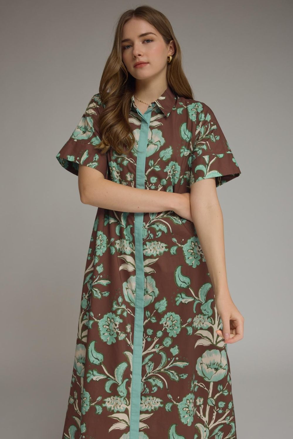 Entro Floral Contrast Trim Midi Dress-Chocolate