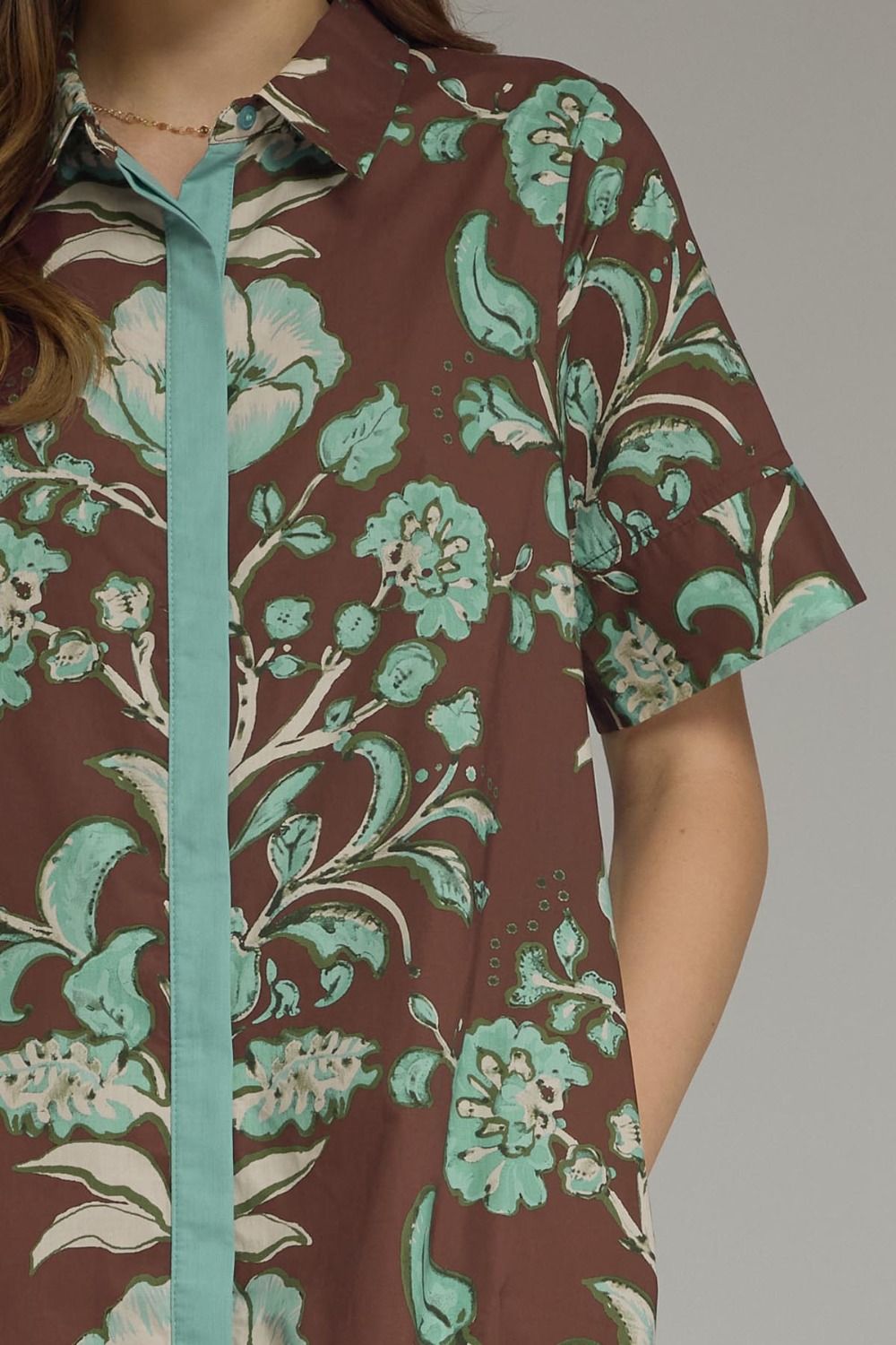 Entro Floral Contrast Trim Midi Dress-Chocolate