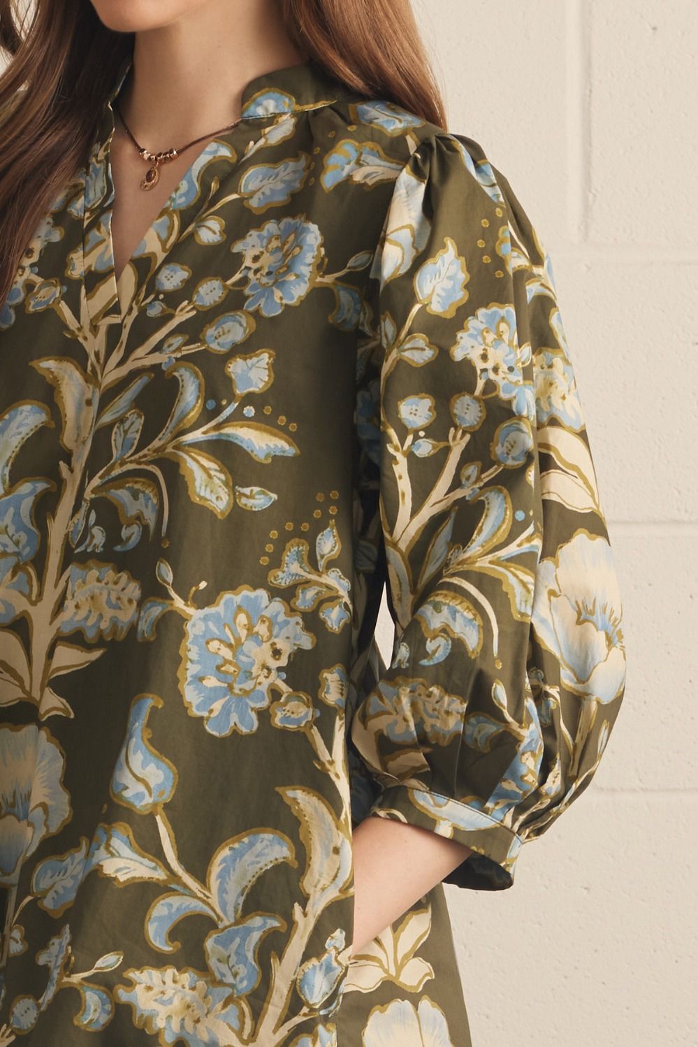 Entro Olive Floral Puff Sleeve Mini Dress