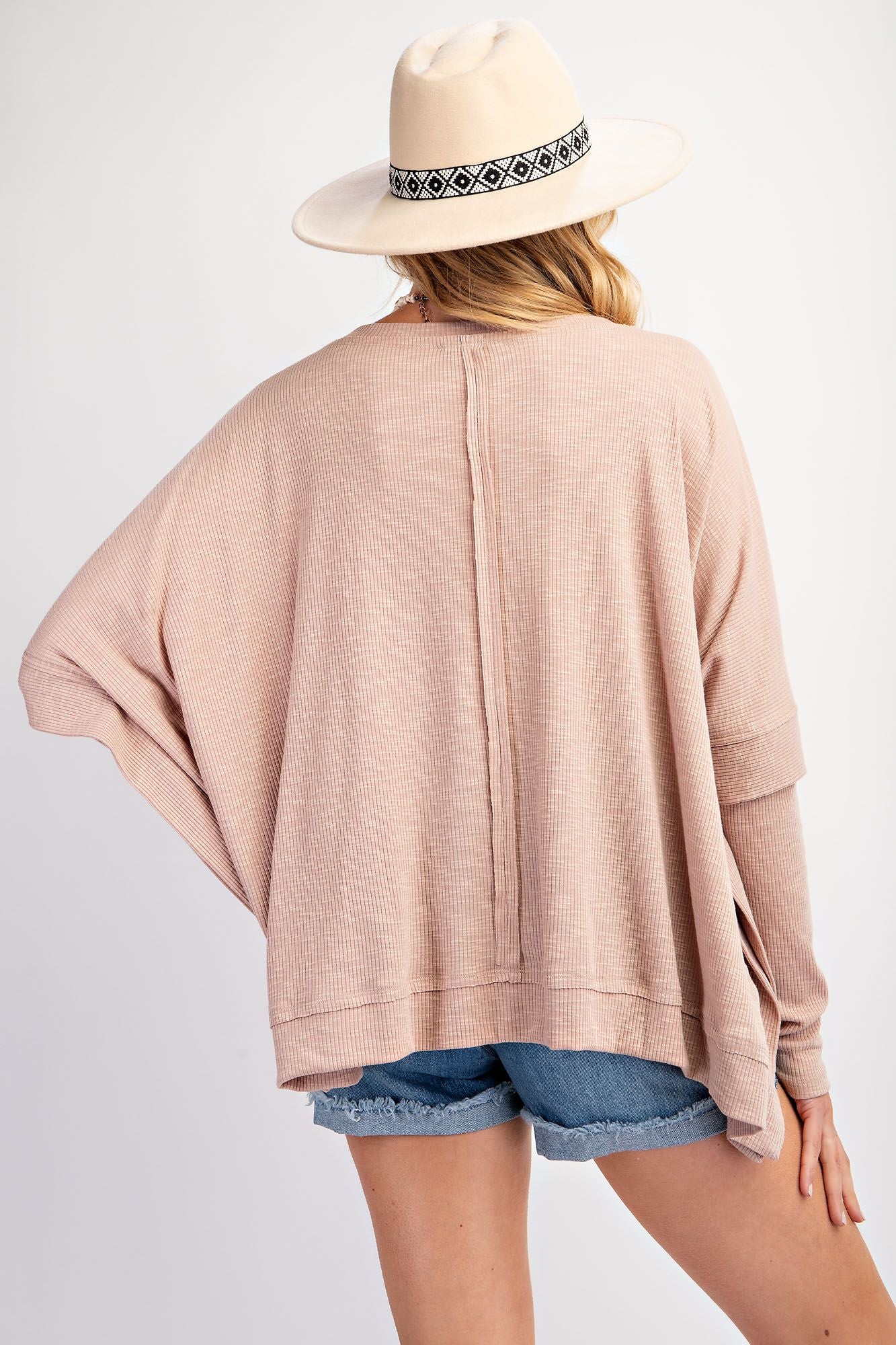 RIB KNIT OVERSIZED TOP-KHAKI