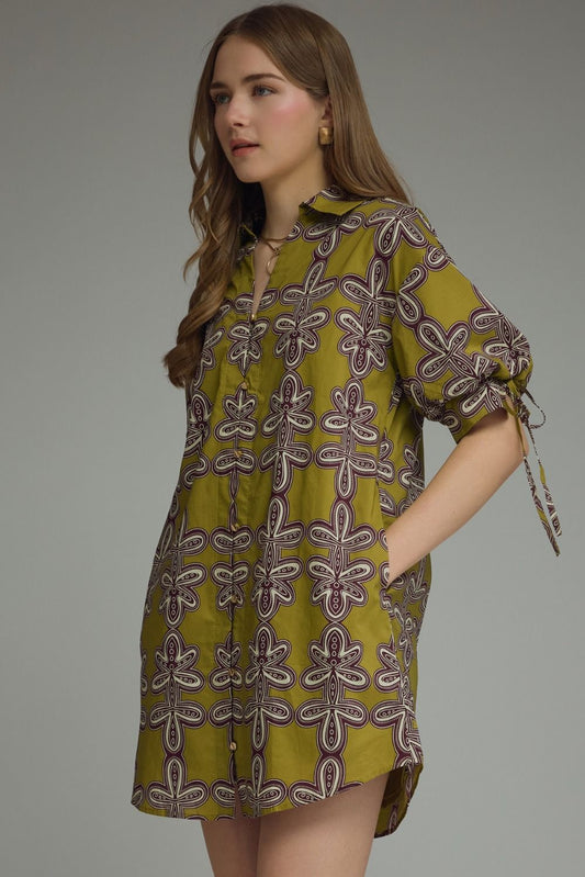 Entro Martini Olive Printed Mini Dress in