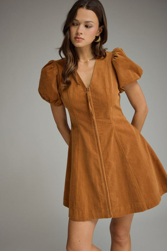Entro Camel Front Zip Puff Sleeve Mini Dress