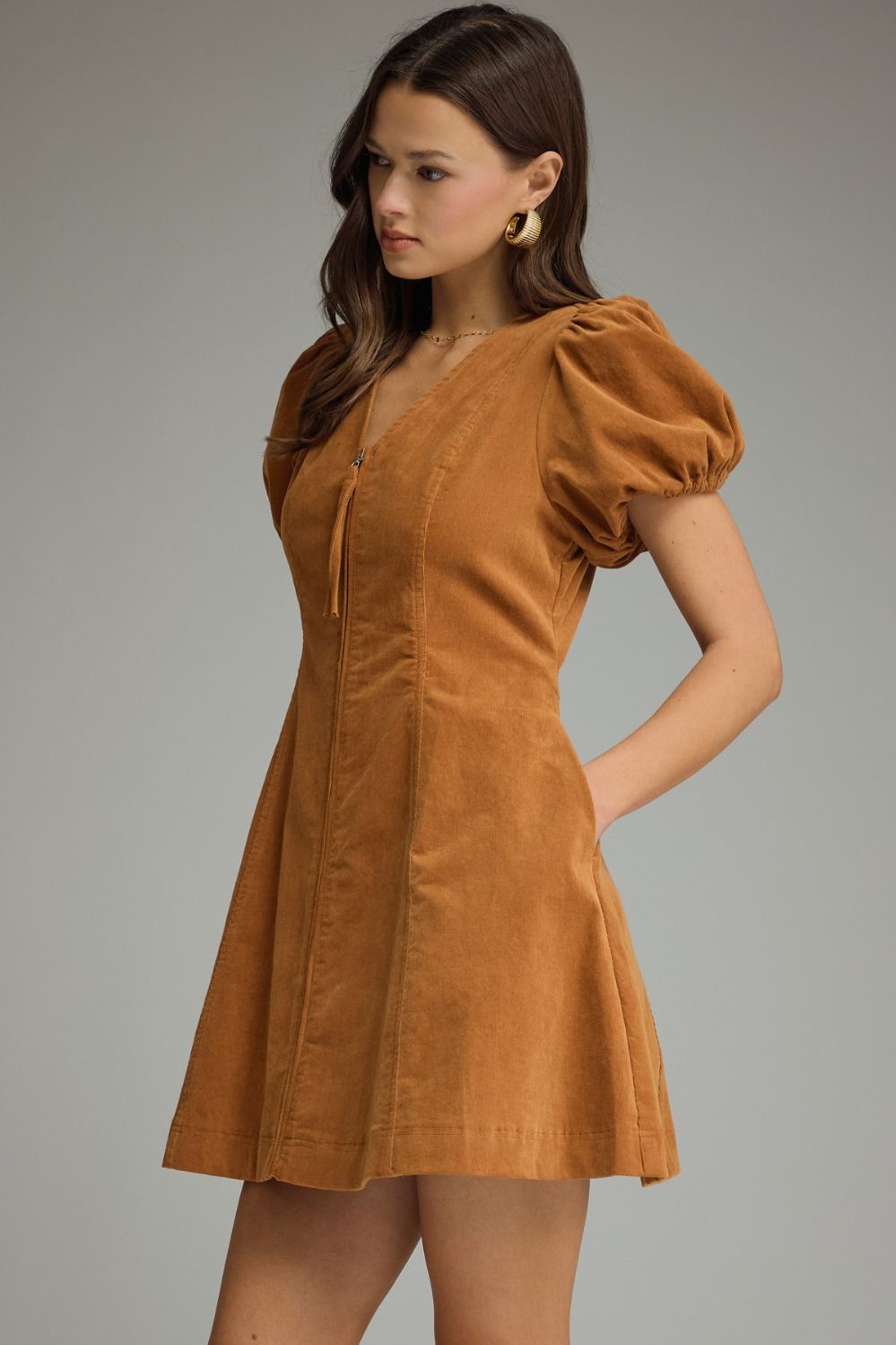 Entro Camel Front Zip Puff Sleeve Mini Dress