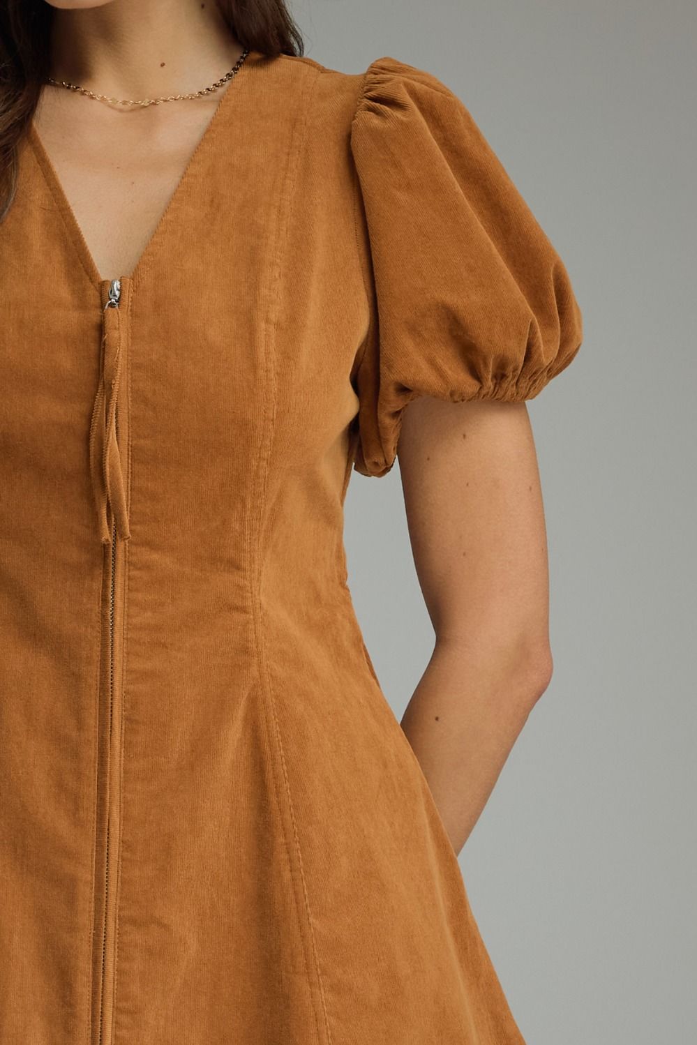 Entro Camel Front Zip Puff Sleeve Mini Dress