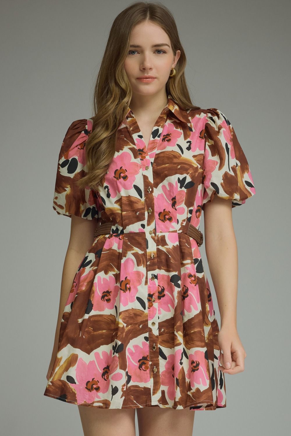 Entro Brown & Pink Floral Puff Sleeve Mini Dress