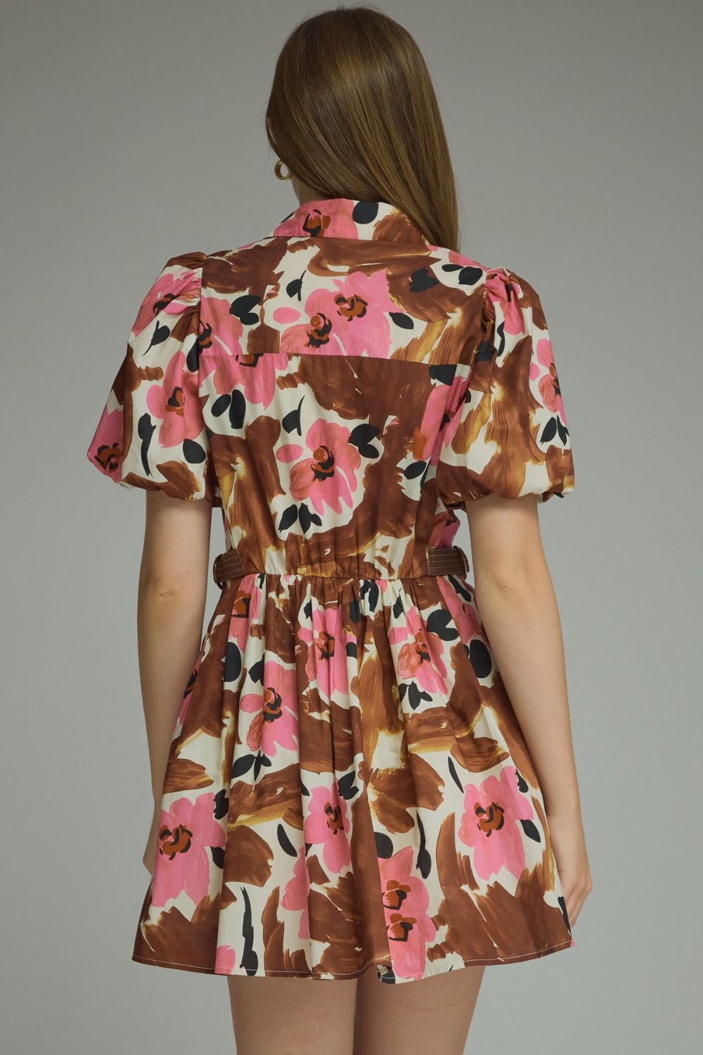 Entro Brown & Pink Floral Puff Sleeve Mini Dress