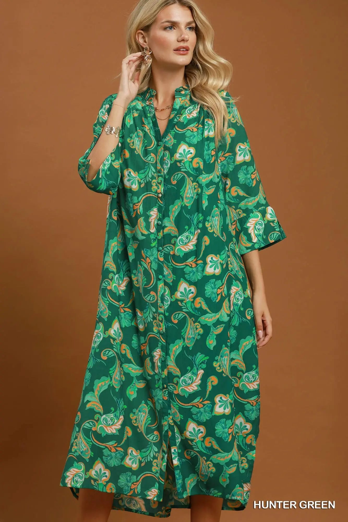 Umgee Hunter Green Paisley Button-Front Maxi Shirt Dress