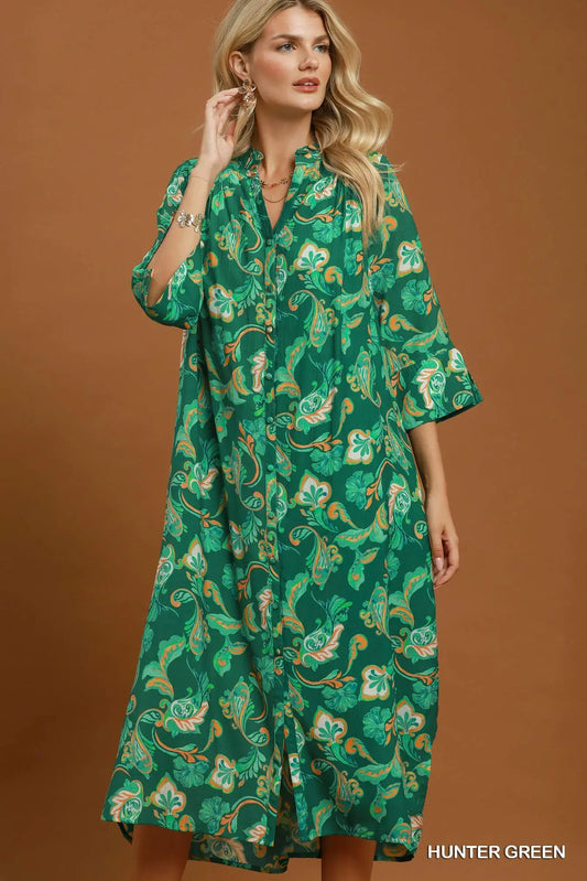 Umgee Hunter Green Paisley Button-Front Maxi Shirt Dress